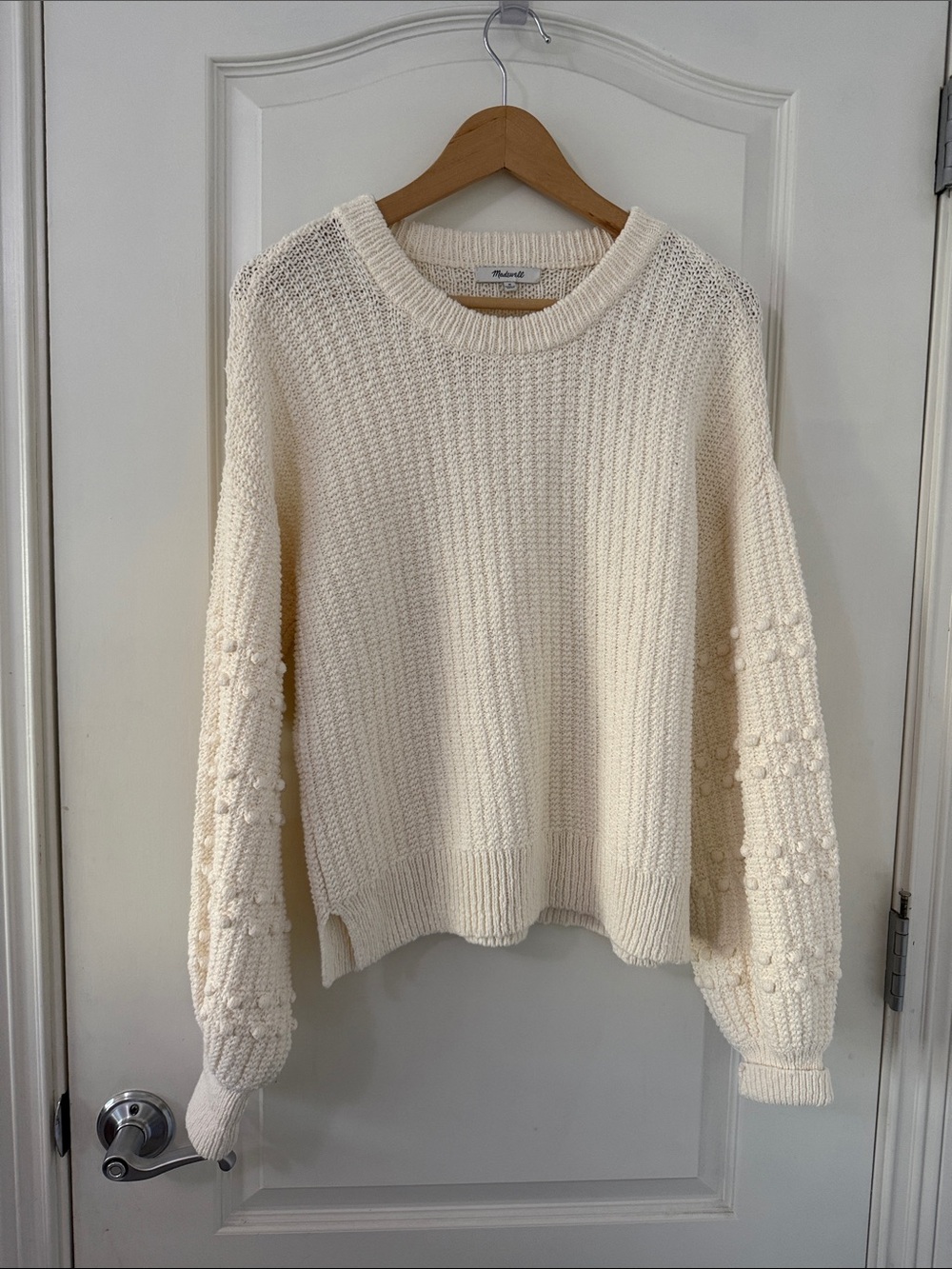 Madewell Cream Crewneck Sweater with Bobble Sleeve Detail